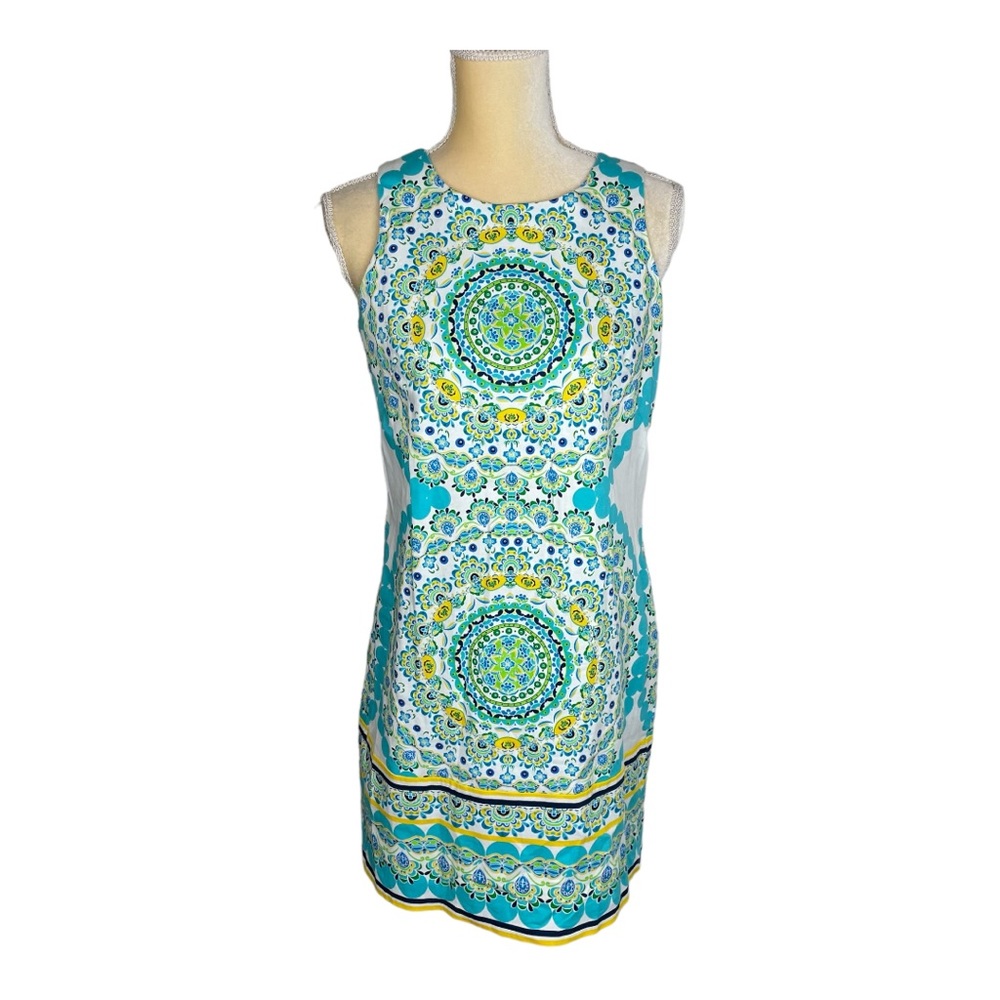 London Times Blue Yellow‎ Geo Medallion Sheath Dress Cotton Size 6